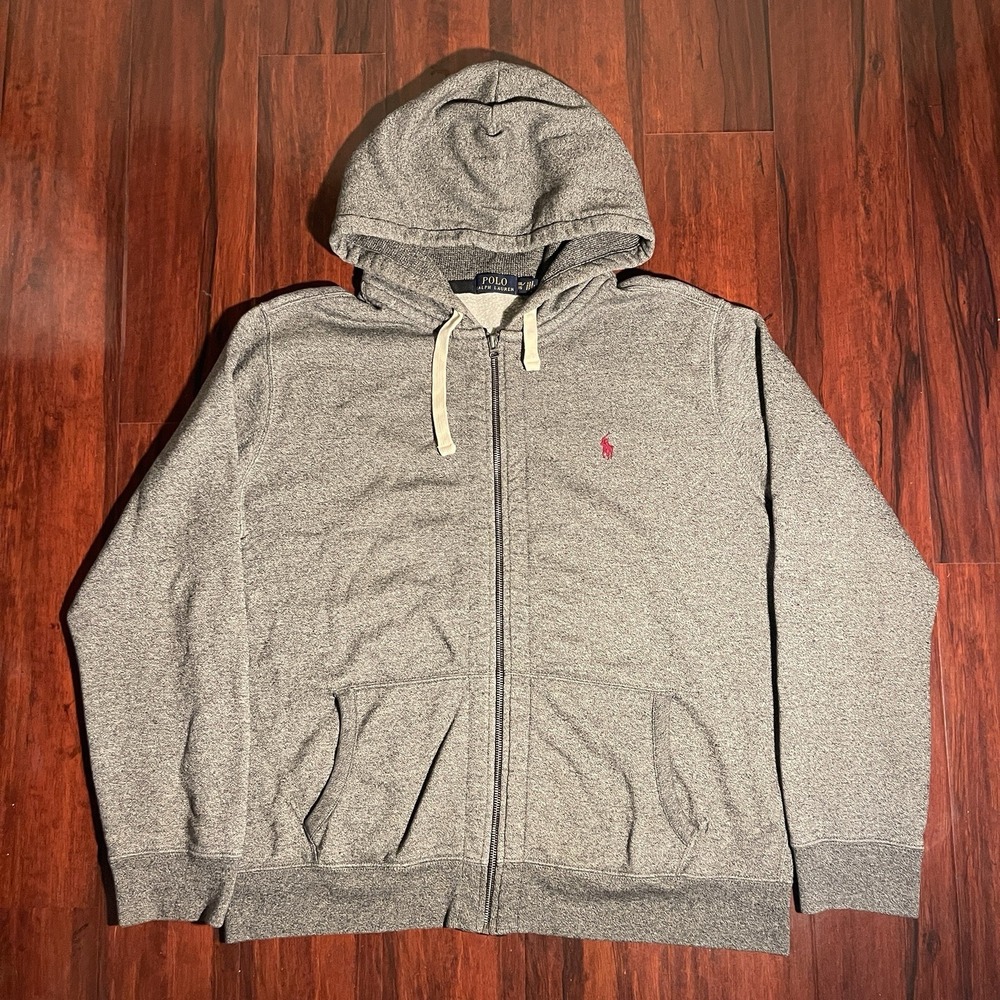 Polo Ralph Lauren Zip Up Hoodie Heather Gray Cotton Fleece Red Horse Men's XXL